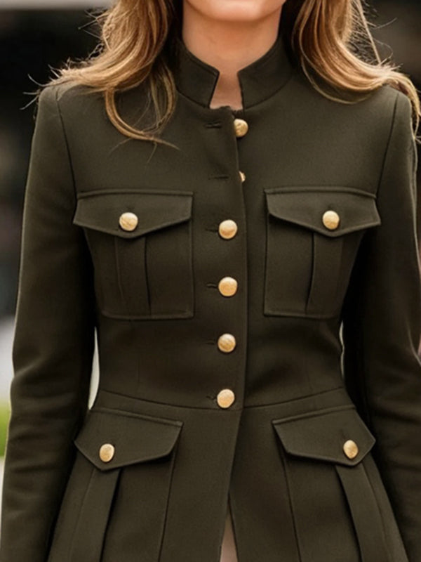 Olive military jacket with patch pockets and a stand collar