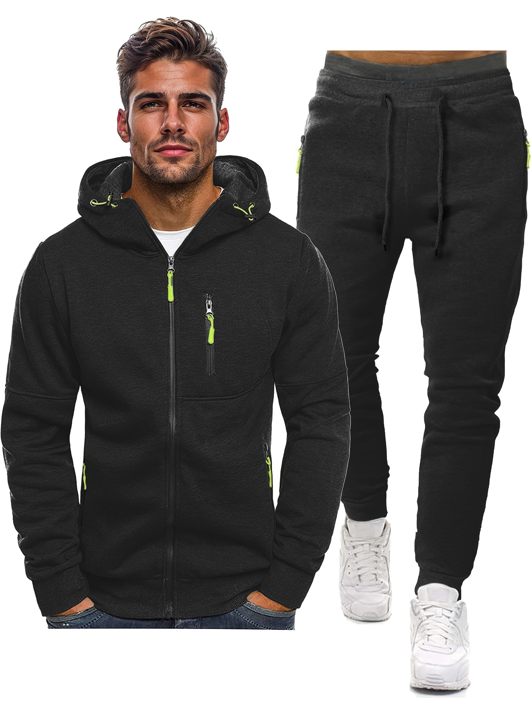 Men's Warm Winter Tracksuit - Fleece-Lined Hooded Co-Ord Set in Blue — detail view