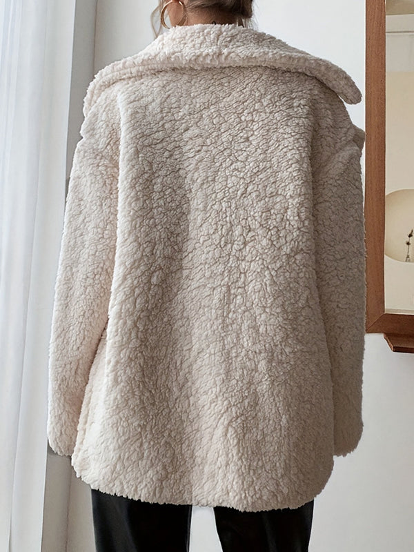 Cream teddy jacket in soft sherpa with a wide lapel and patch pockets