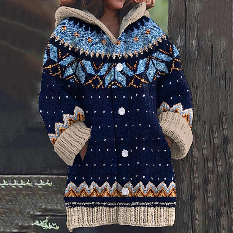 Women's chunky knit hooded cardigan in Navy