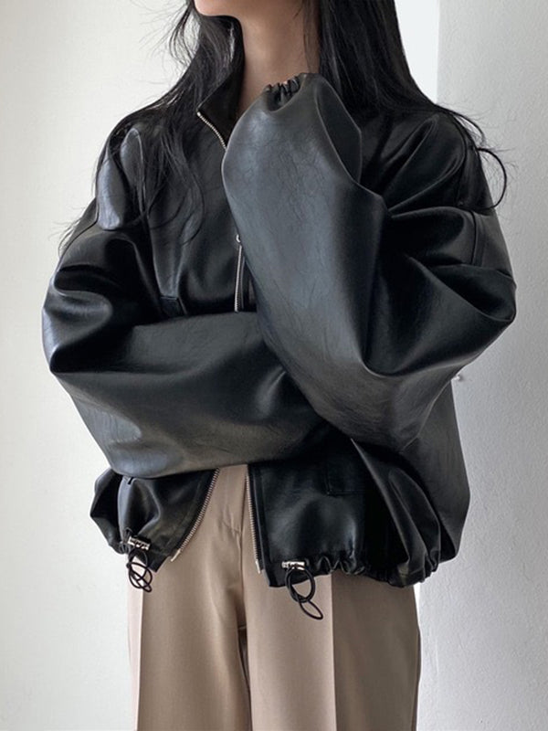 Oversized faux leather bomber jacket with a stand collar and drawstring hem