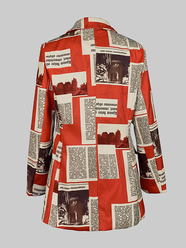 Blazer printed with newsprint columns in red and cream