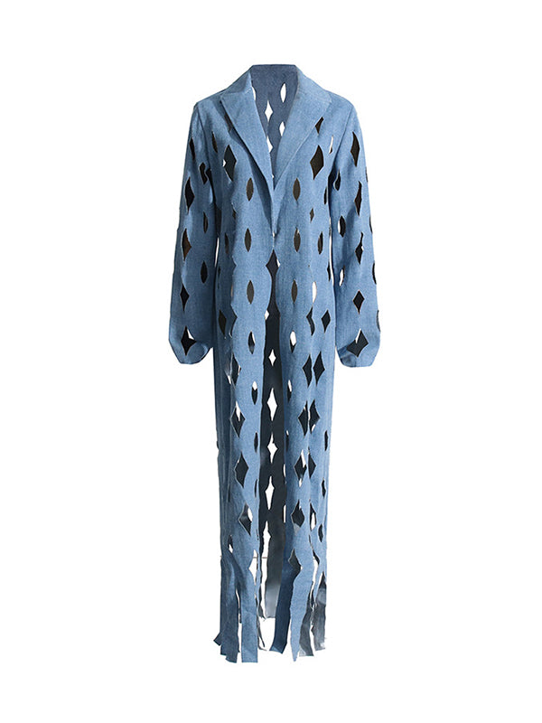 Floor-length denim coat with cut-out diamonds and a fringed hem in mid wash