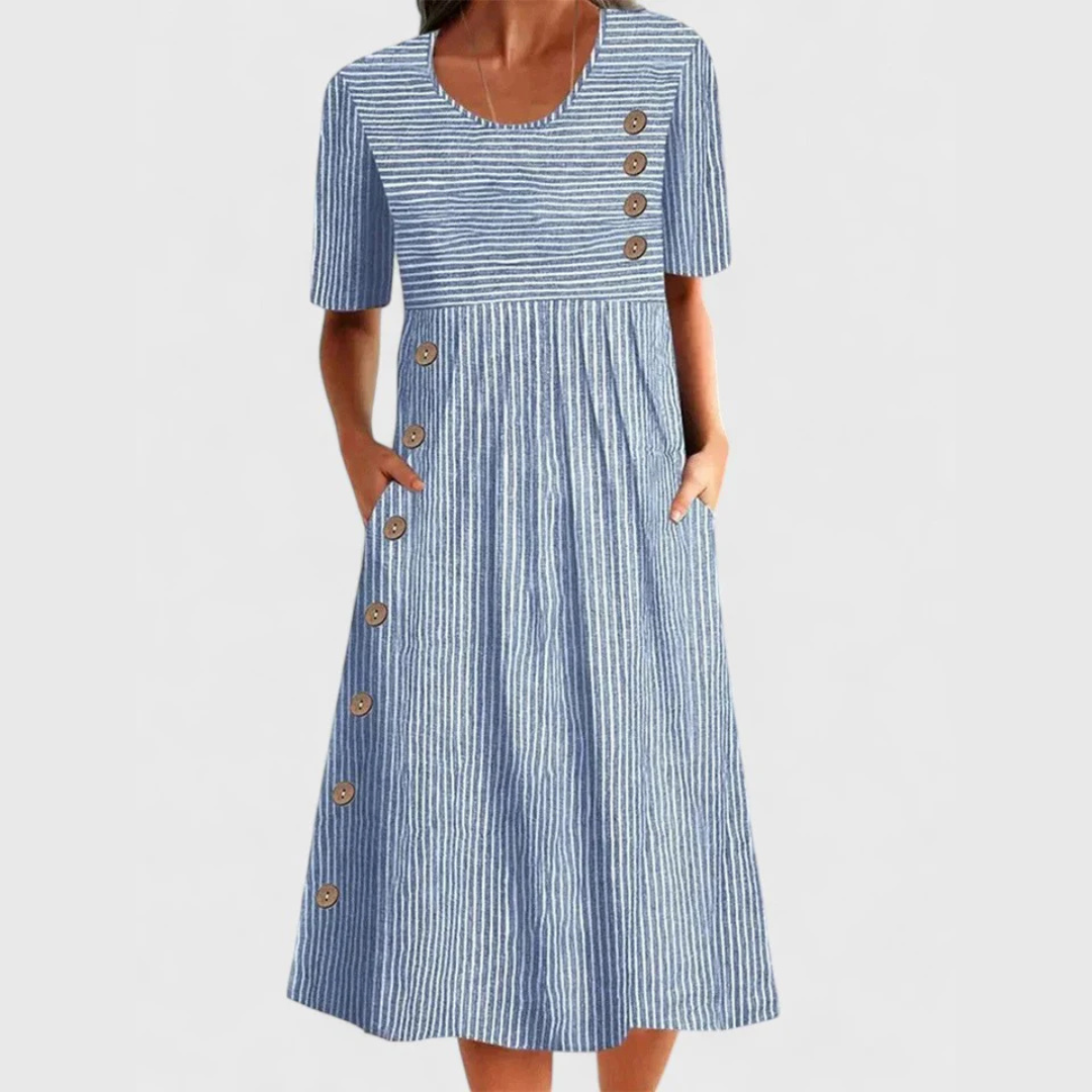Women's Dress - Striped Midi Dress With Buttons