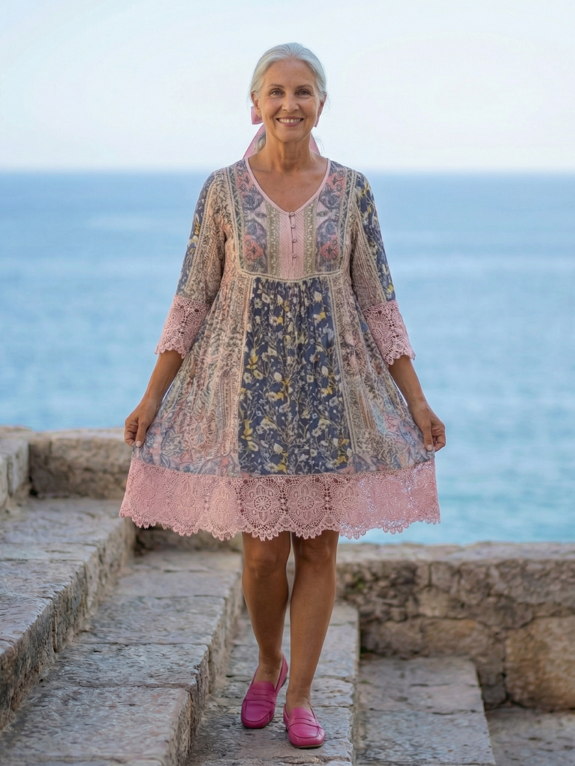 Women's V-Neck Floral Garden Dress with Lace Trim – Saint Dor UK – front view