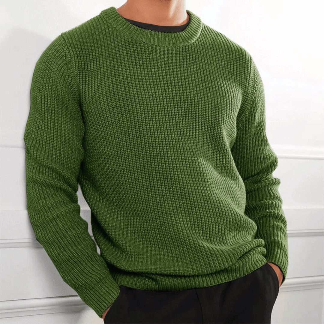 Ribbed crew neck jumper showing the narrow neckband