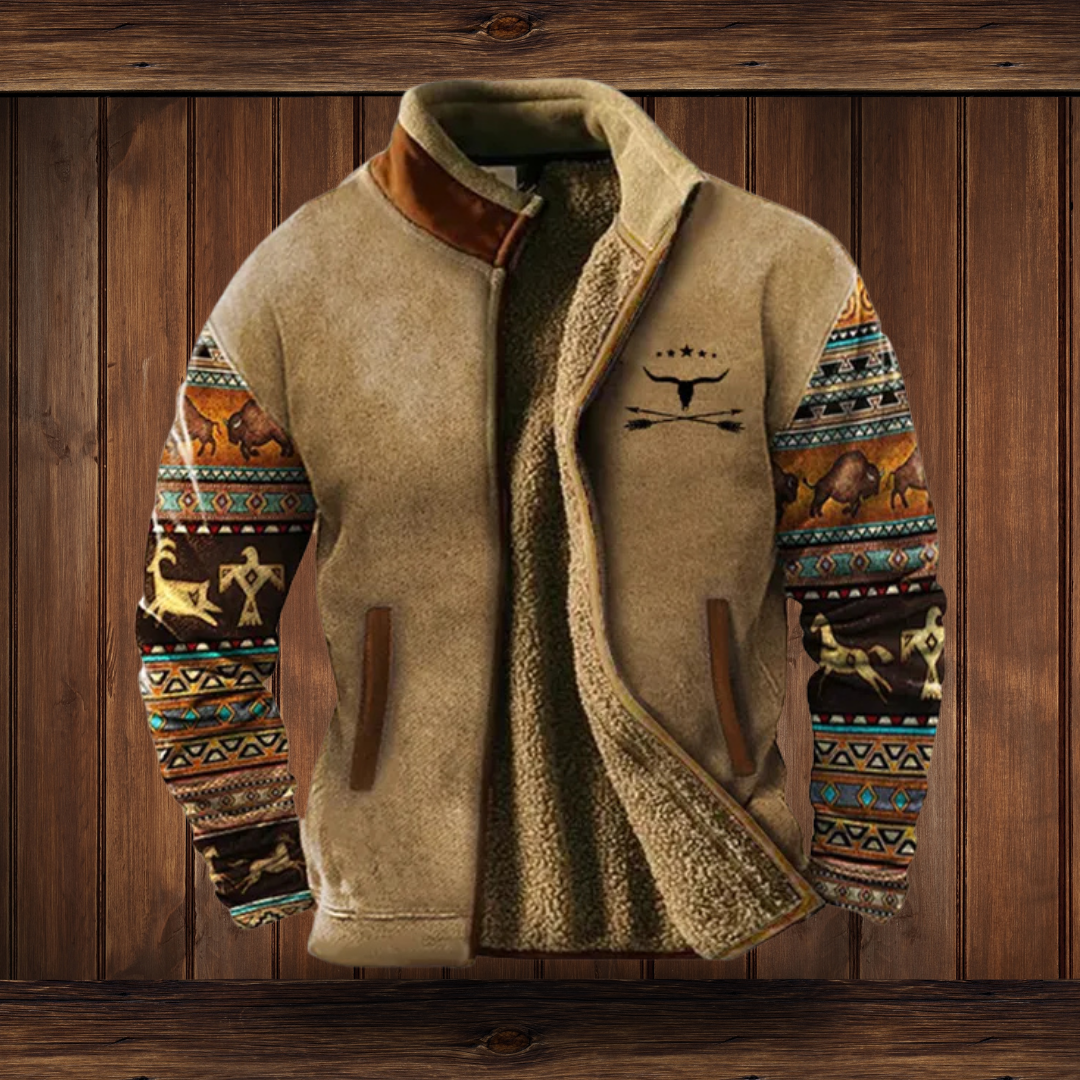 Men's fleece jacket with sherpa lining in Sand with Pattern