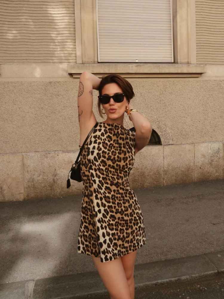 Women's Leopard Print Mini Dress – Bold Soft Party Evening – full length view