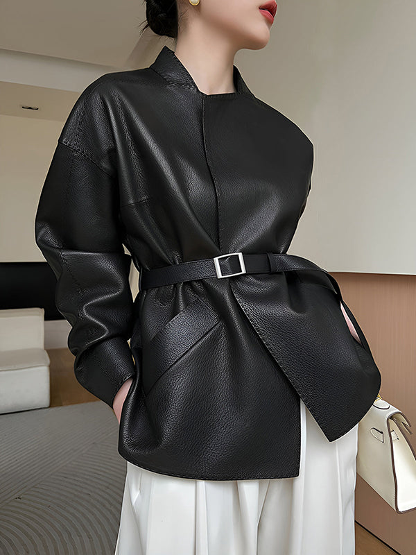 Black faux leather jacket with a stand collar and buckled belt in black