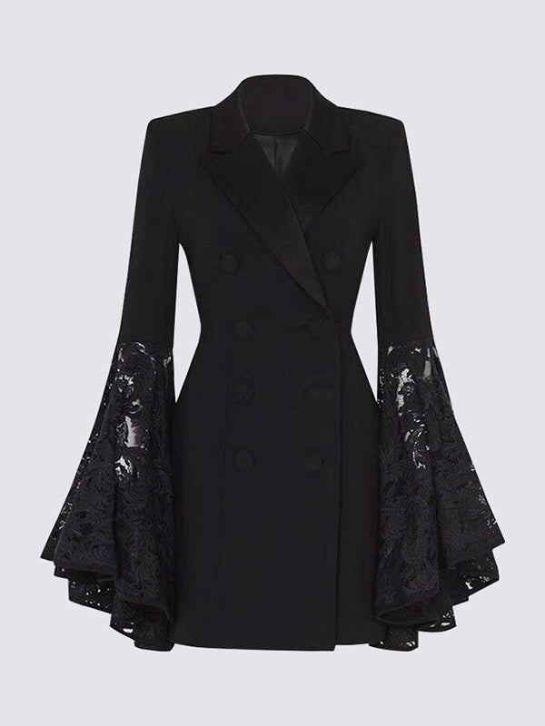 Black longline blazer with wide lace sleeves flaring from the elbow