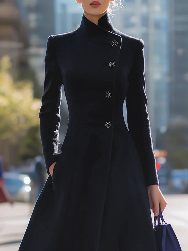 Navy A-line coat with stand collar and off-centre button front