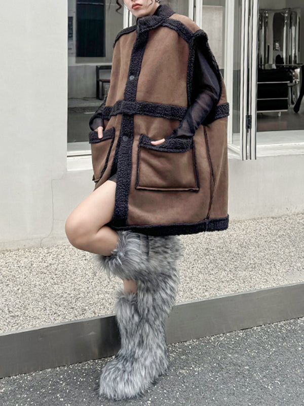 Sleeveless suede-look gilet with a dark faux shearling trim