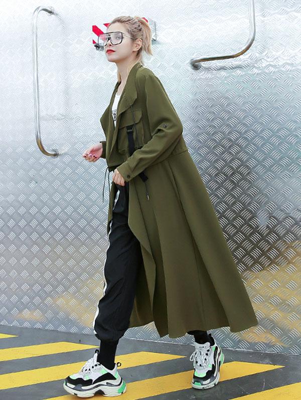 Longline duster coat with a draped lapel and a drawstring waist