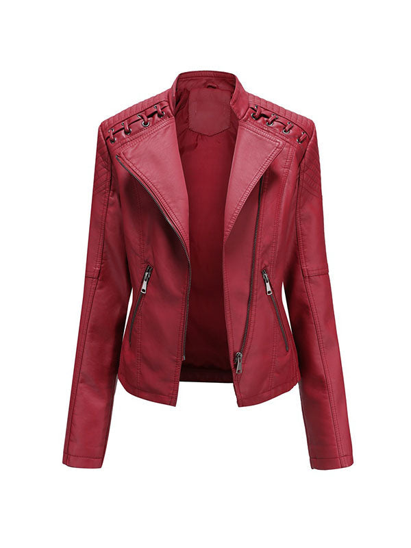 Faux leather biker jacket with lacing across the shoulders in red