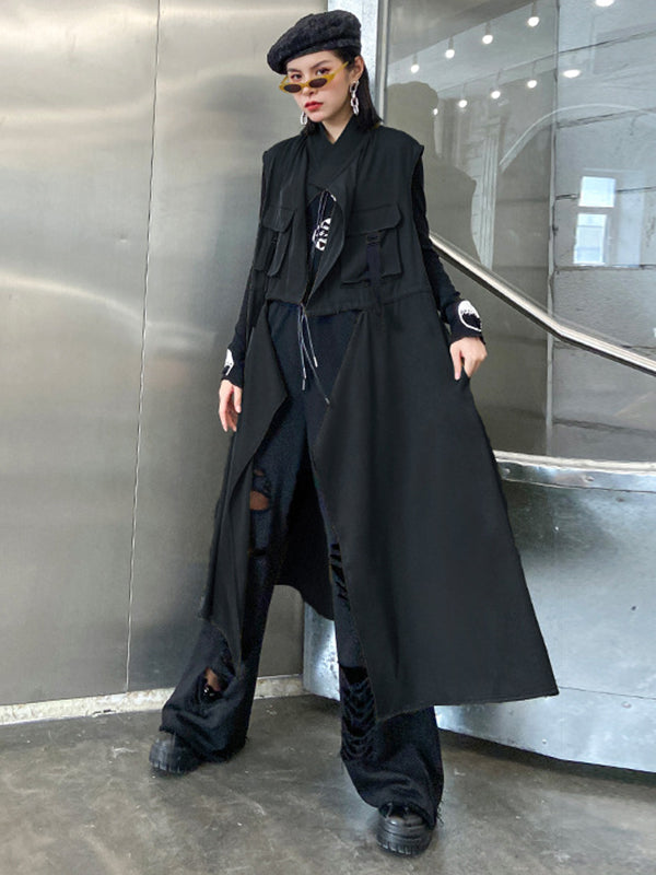 Long sleeveless gilet with a drawstring waist and an open front in black