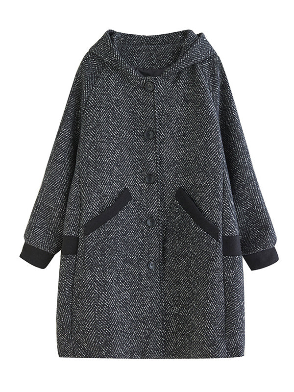 Grey herringbone hooded coat with ribbed cuffs and contrast pocket trims in grey