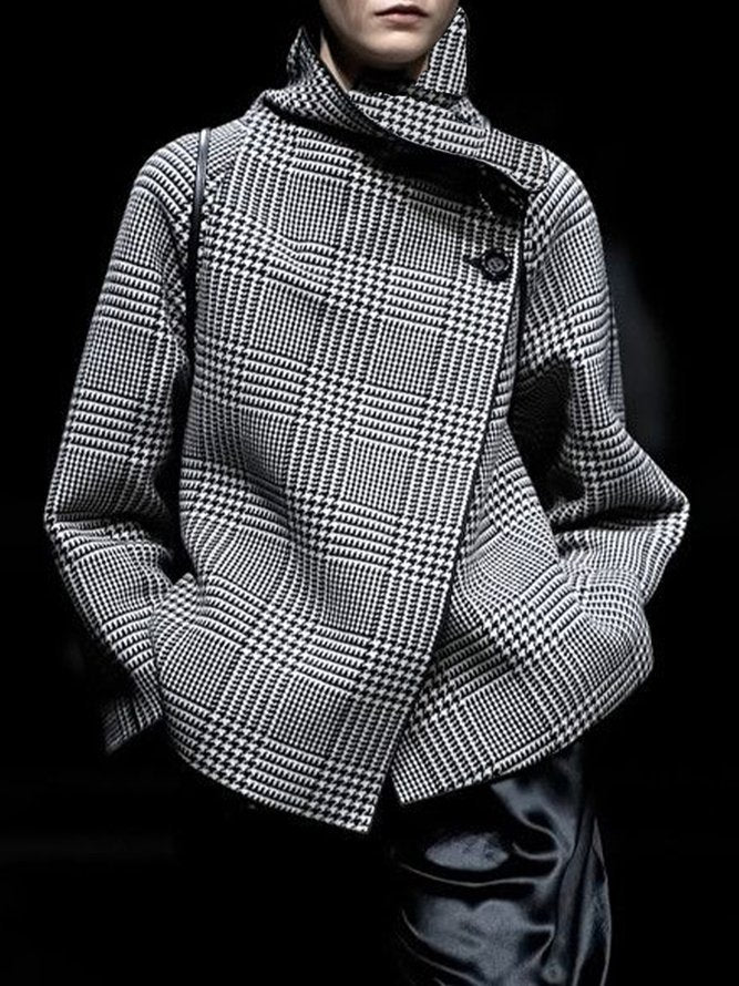 Houndstooth check jacket with an asymmetric front and fold-over collar