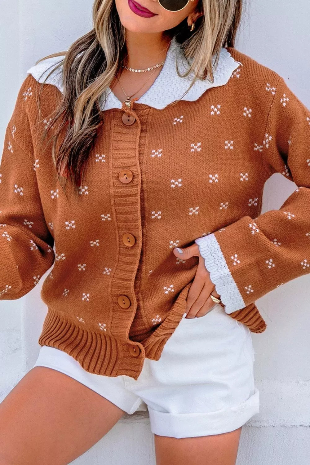 Women's peter pan collar terracotta cardigan - detail