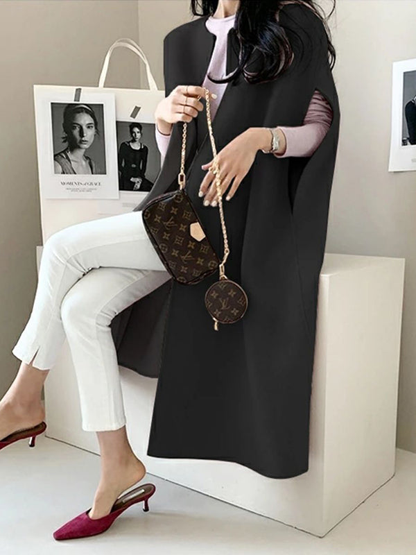 Sleeveless wool-blend cape with a round neck and a curved hem