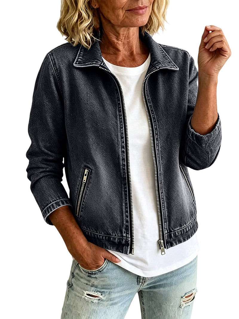 Denim jacket with a zip front and slanted zip pockets in black wash