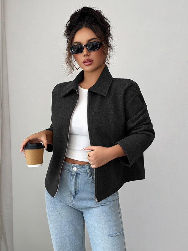 Short boxy jacket in a brushed cloth with a shirt collar and zip in black
