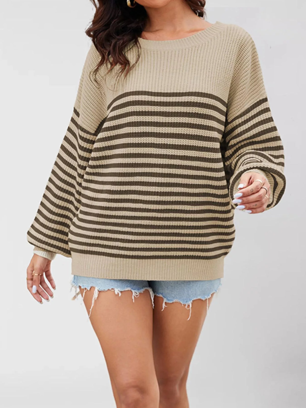 Women's fine stripe knit jumper in Brown and Cream