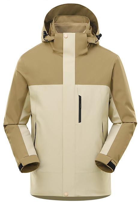 Women's 3-in-1 hooded outdoor jacket with a zip chest pocket and zip-out inner jacket - khaki/beige