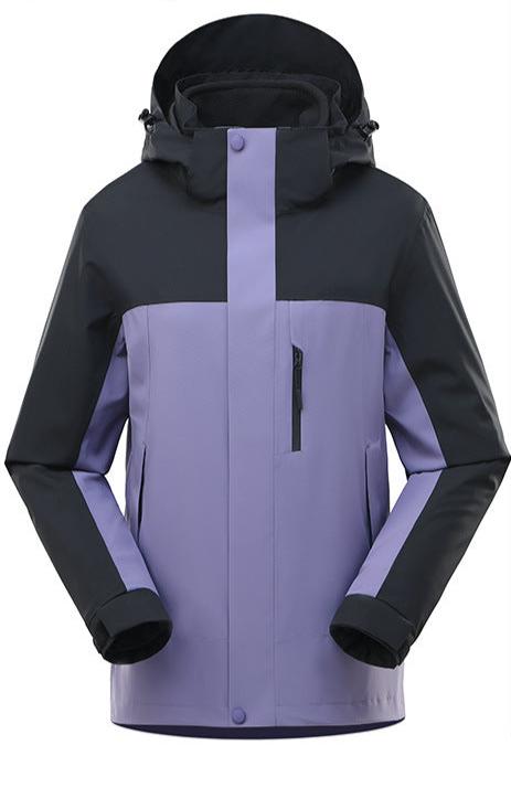 Women's 3-in-1 hooded outdoor jacket with a zip chest pocket and zip-out inner jacket - black/lilac