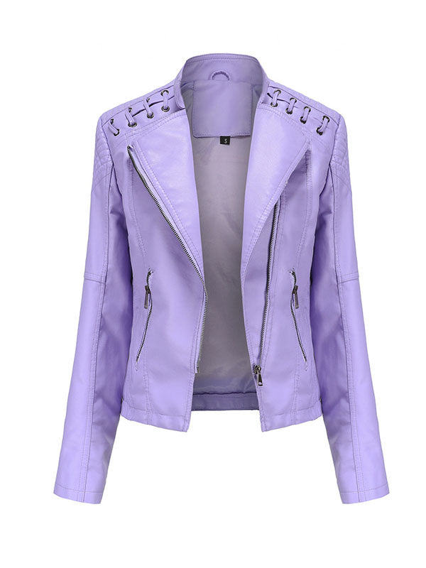 Faux leather biker jacket with lacing across the shoulders