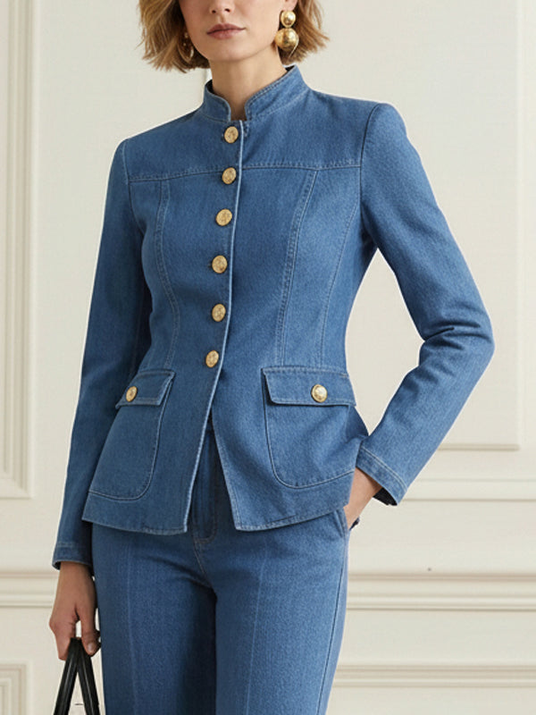 Fitted denim jacket with a stand collar and gold-tone buttons