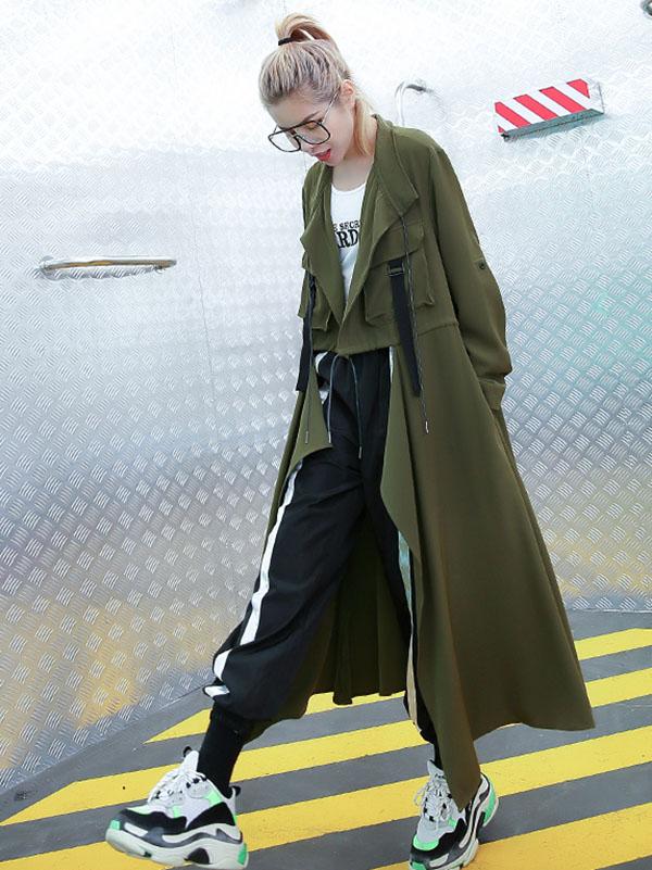 Longline duster coat with a draped lapel and a drawstring waist