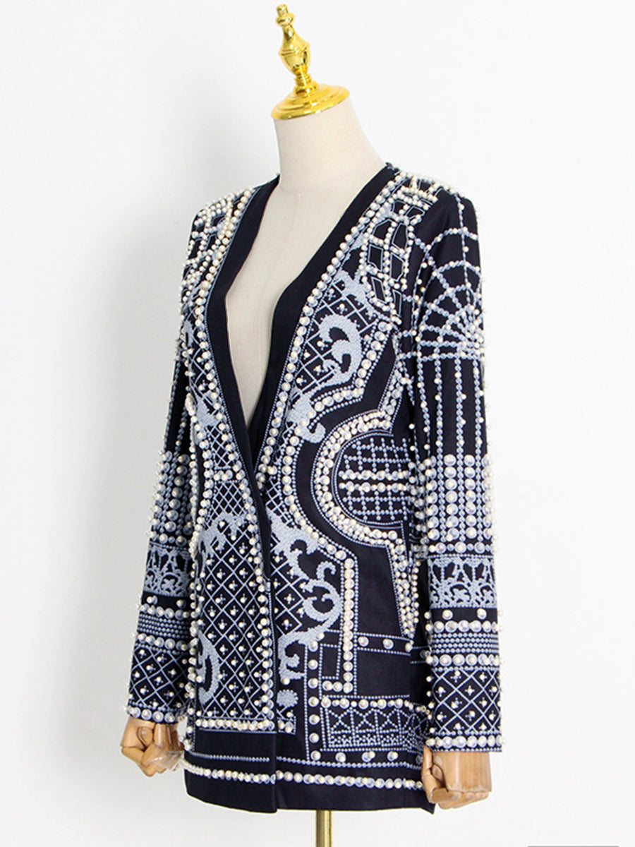 Beaded blazer with an ornamental pattern and a deep V-neck