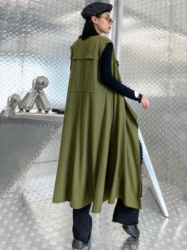 Long sleeveless gilet with a drawstring waist and an open front
