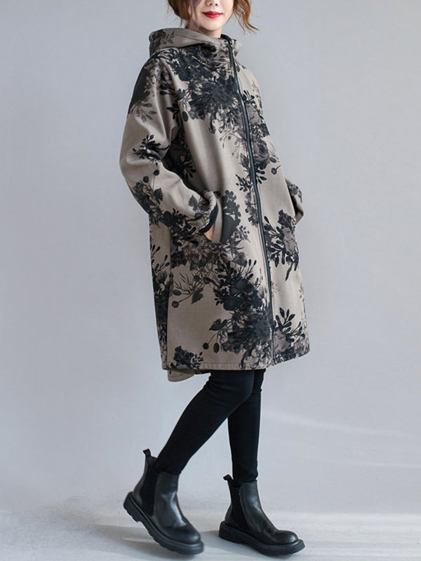 Grey hooded jacket printed with dark flowers and a full-length zip