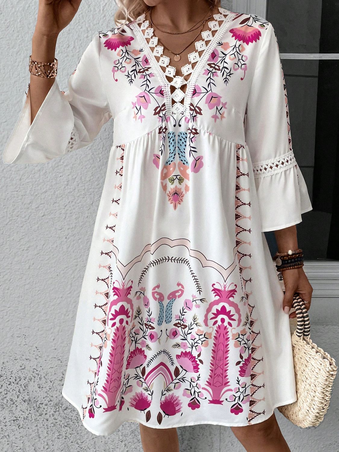 Women's embroidery-look print dress in Deep Rose
