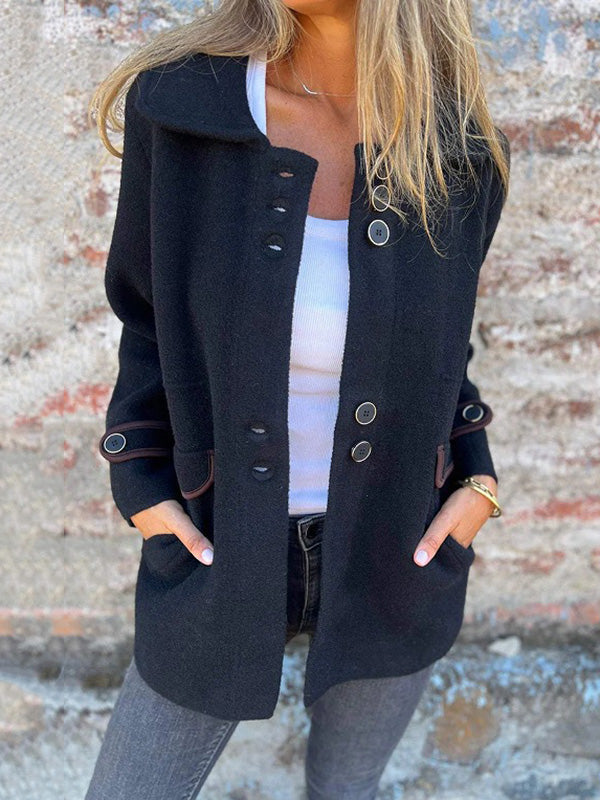 Soft knitted jacket with a wide fold-over collar and ring trims on the pockets in black