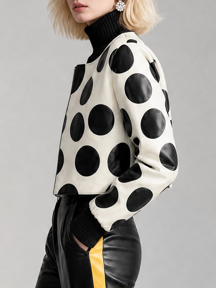 Cropped polka dot jacket in cream and black with panelled shoulders