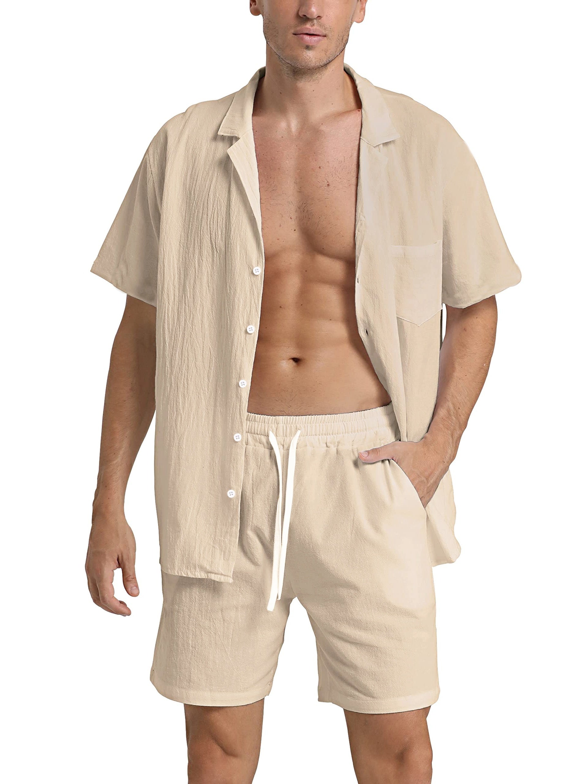Men's Premium Linen Co-Ord Set - Breathable Summer Two-Piece in Olive Green — detail view
