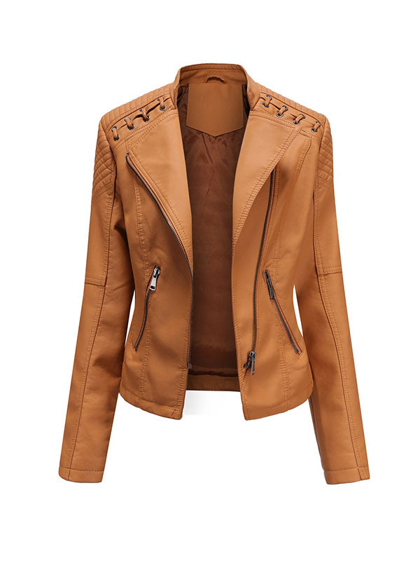 Faux leather biker jacket with lacing across the shoulders in camel