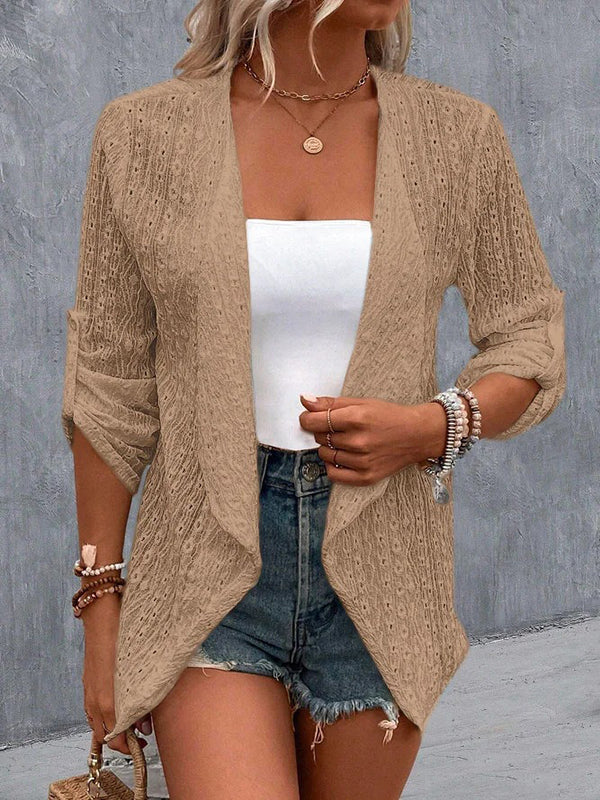 Light openwork knit jacket with a collarless neckline and button front in khaki