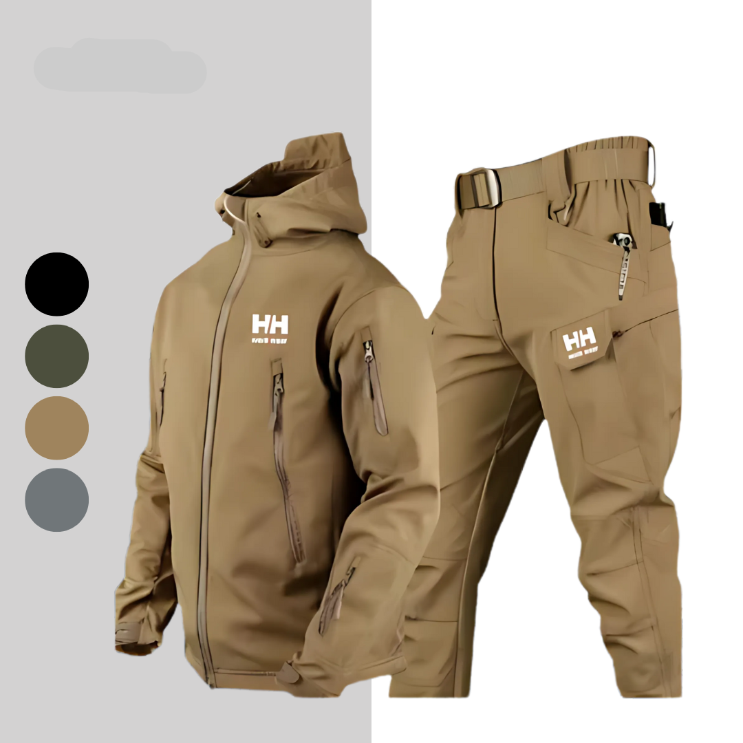 Men's Softshell Outdoor Set - Winter Jacket & Trouser Combo in Beige — detail view