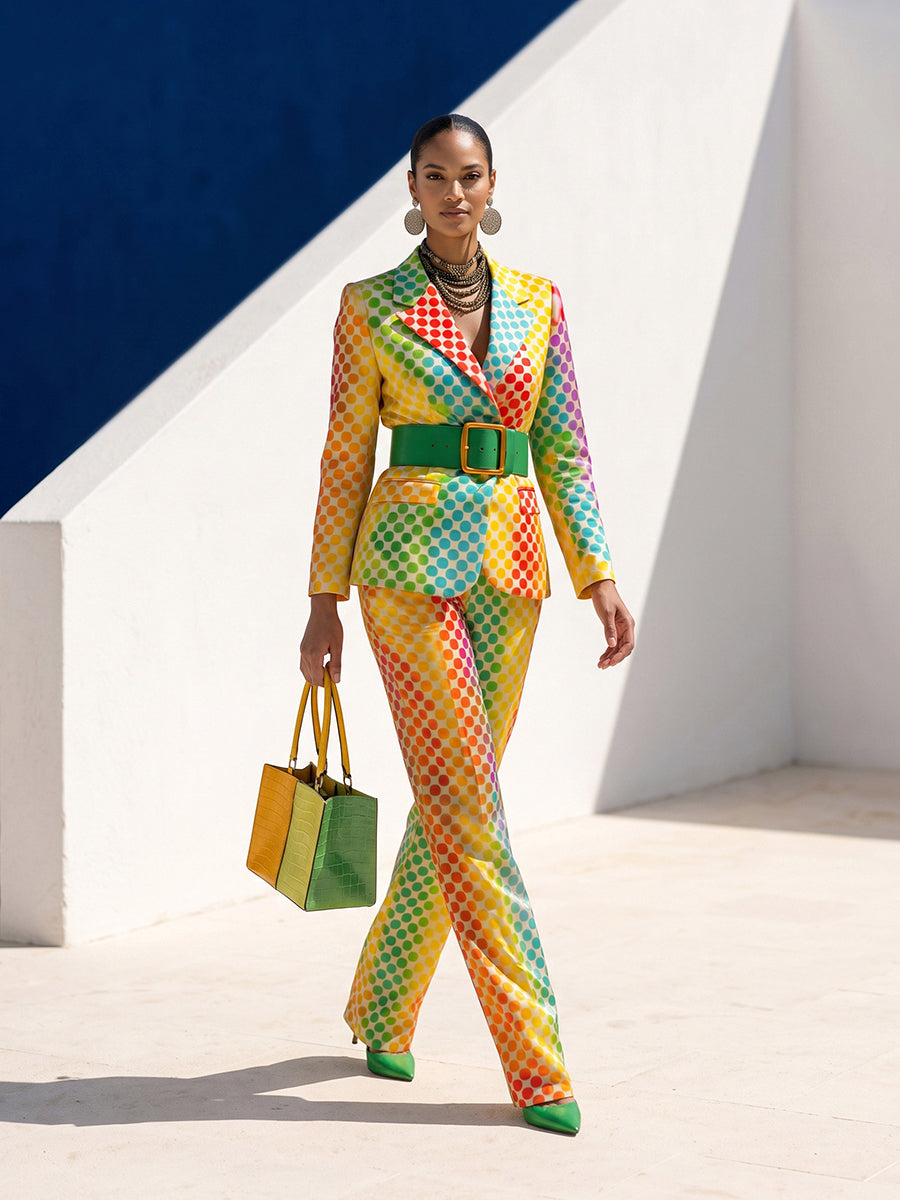 Blazer covered in rainbow polka dots with a notch lapel