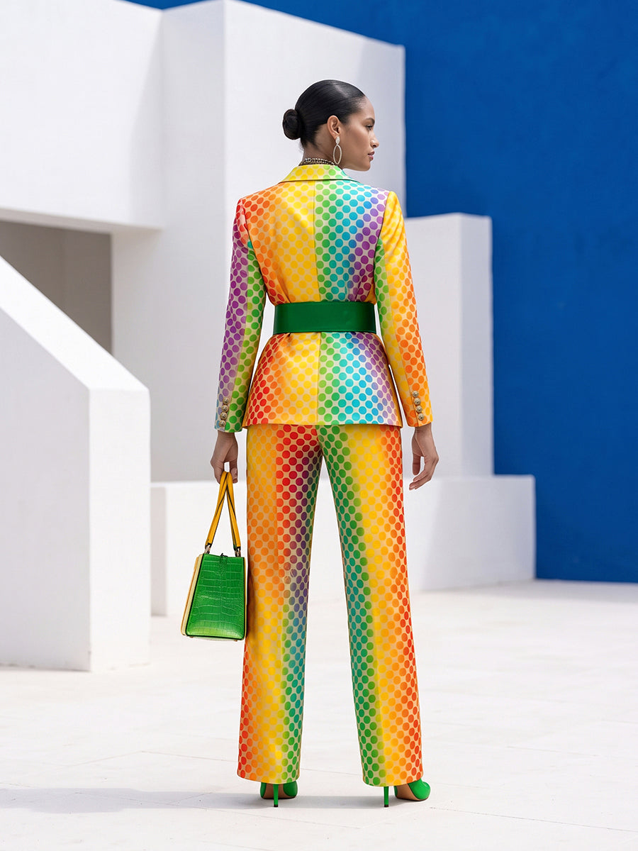 Blazer covered in rainbow polka dots with a notch lapel