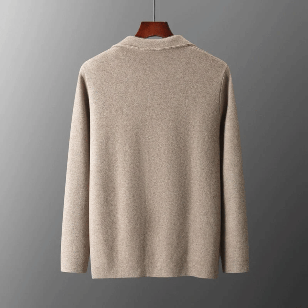 Unlined knitted blazer cardigan on a hanger, full length