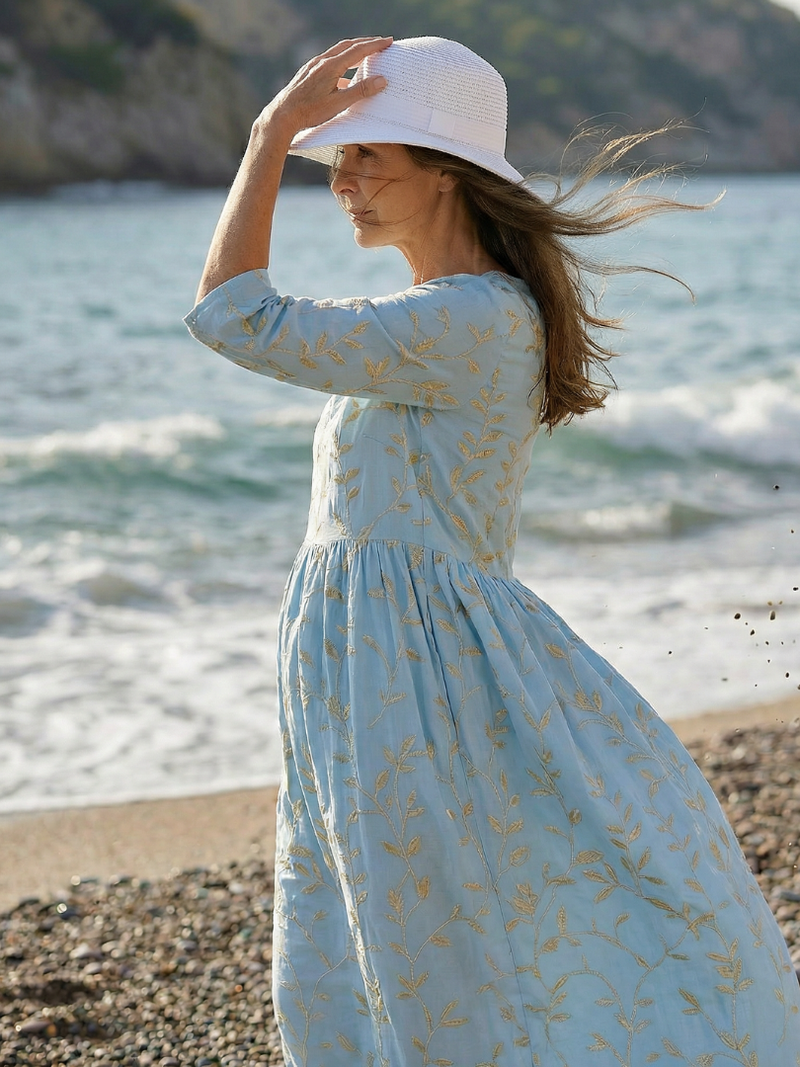Women's Botanical Midi Dress Seaside Garden Print – Saint Dor UK – side view