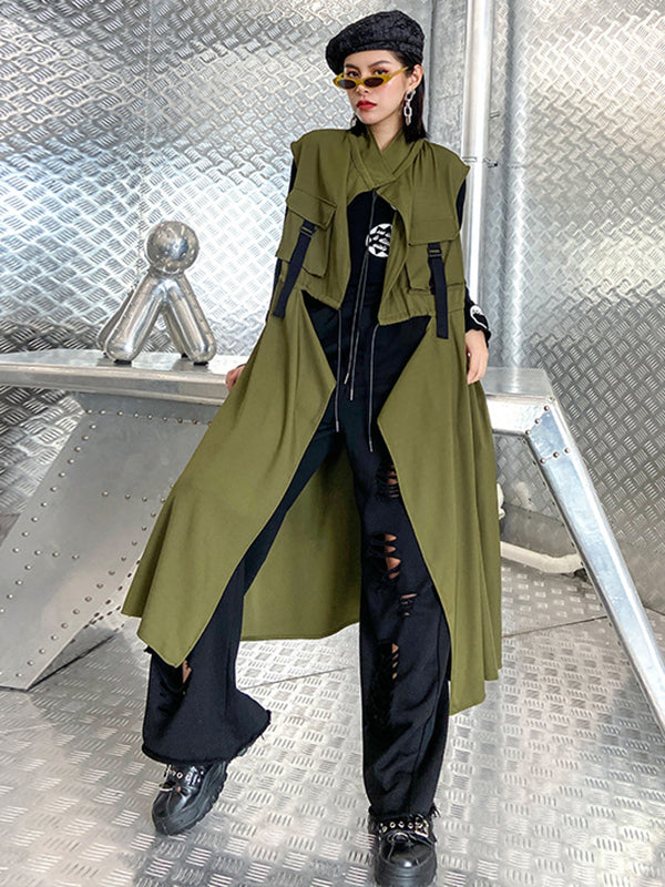 Long sleeveless gilet with a drawstring waist and an open front in army green
