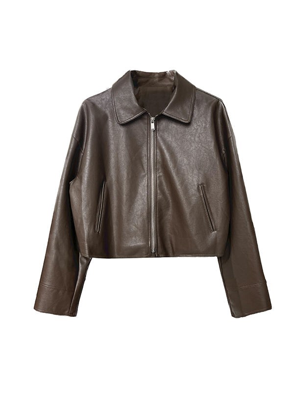Boxy faux leather jacket with a wide shirt collar and zip front