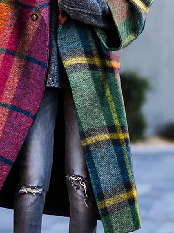 Longline coat in bright multicolour plaid with a lapel collar