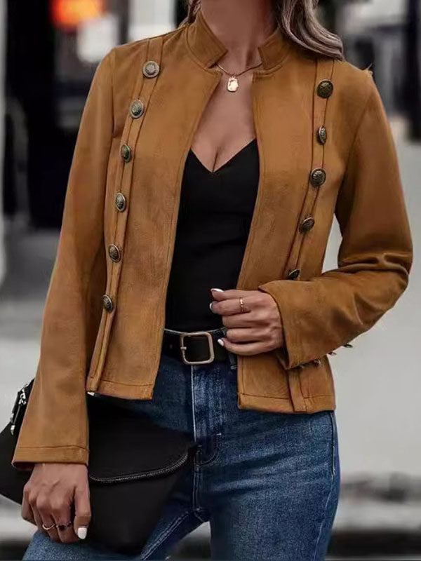 Soft suede-look jacket with panel seams and a low stand collar in deep brown