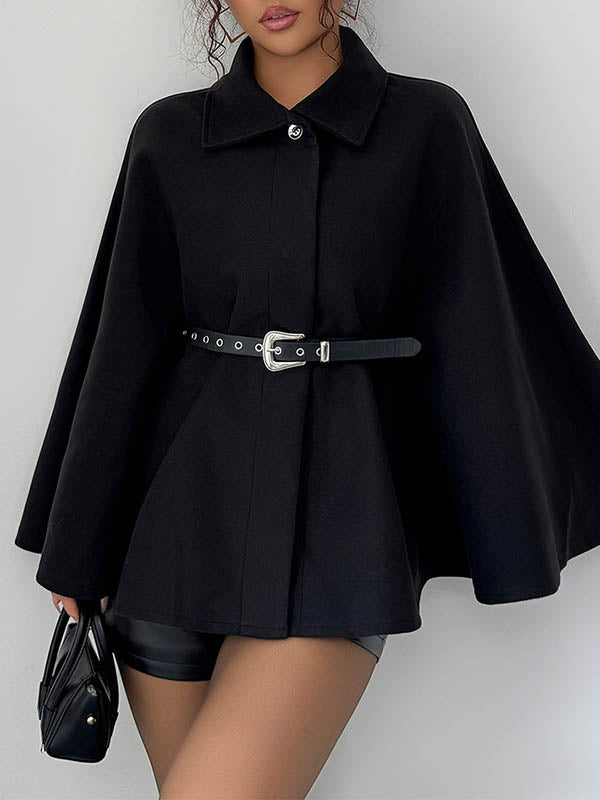 Black cape coat with a shirt collar and a buckled belt at the waist